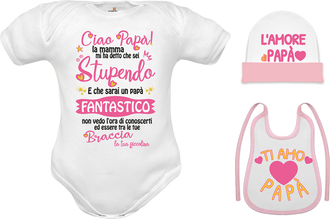 Corredino neonata diventerai papà body maniche corte e cappello e bavetta