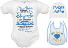 Carica l&#39;immagine nel visualizzatore di Gallery, Corredino neonato mezze maniche diventerai Papà con cappello e bavaglino
